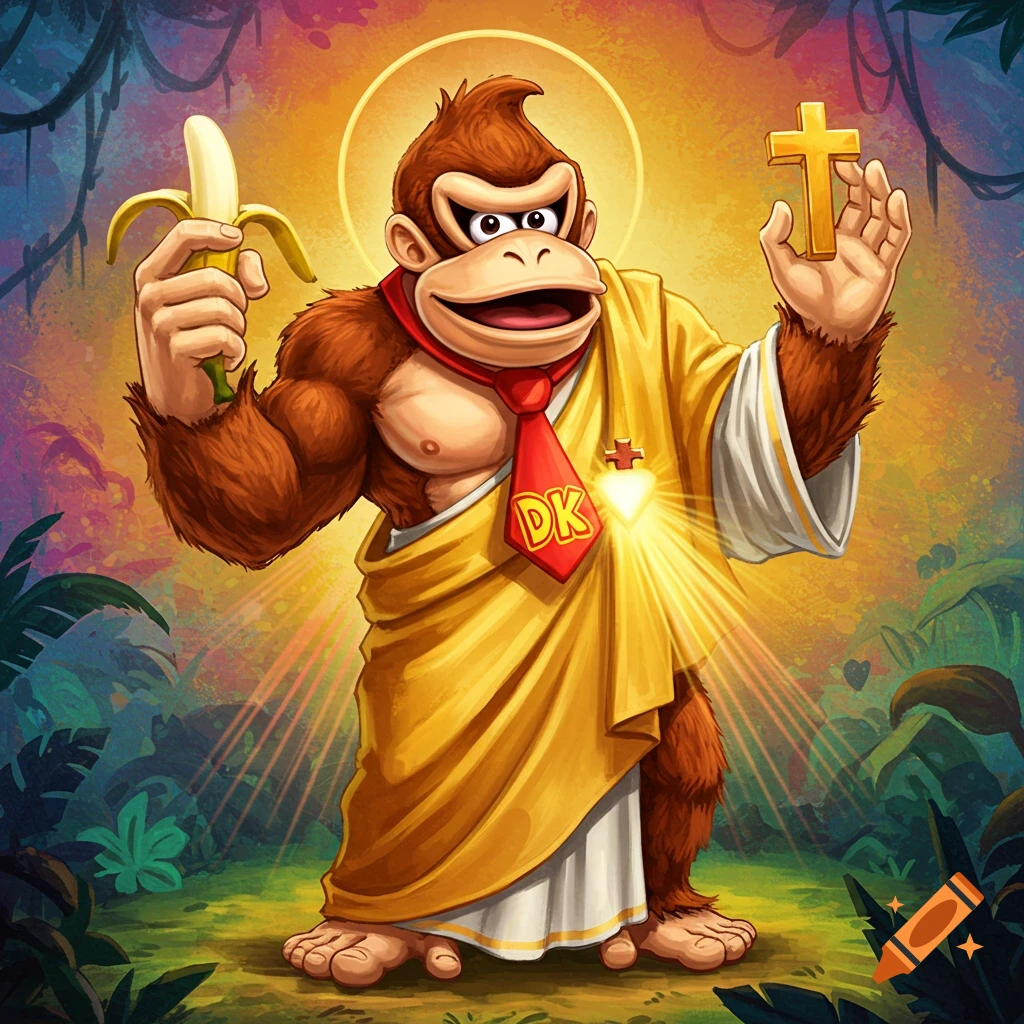 Donkey Kong dressed as Jesus holding a banana and a cross