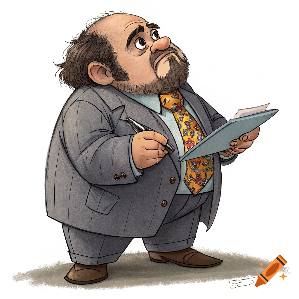 Cartoon illustration of a stocky dwarf businessman holding a pen and clipboard, looking up.