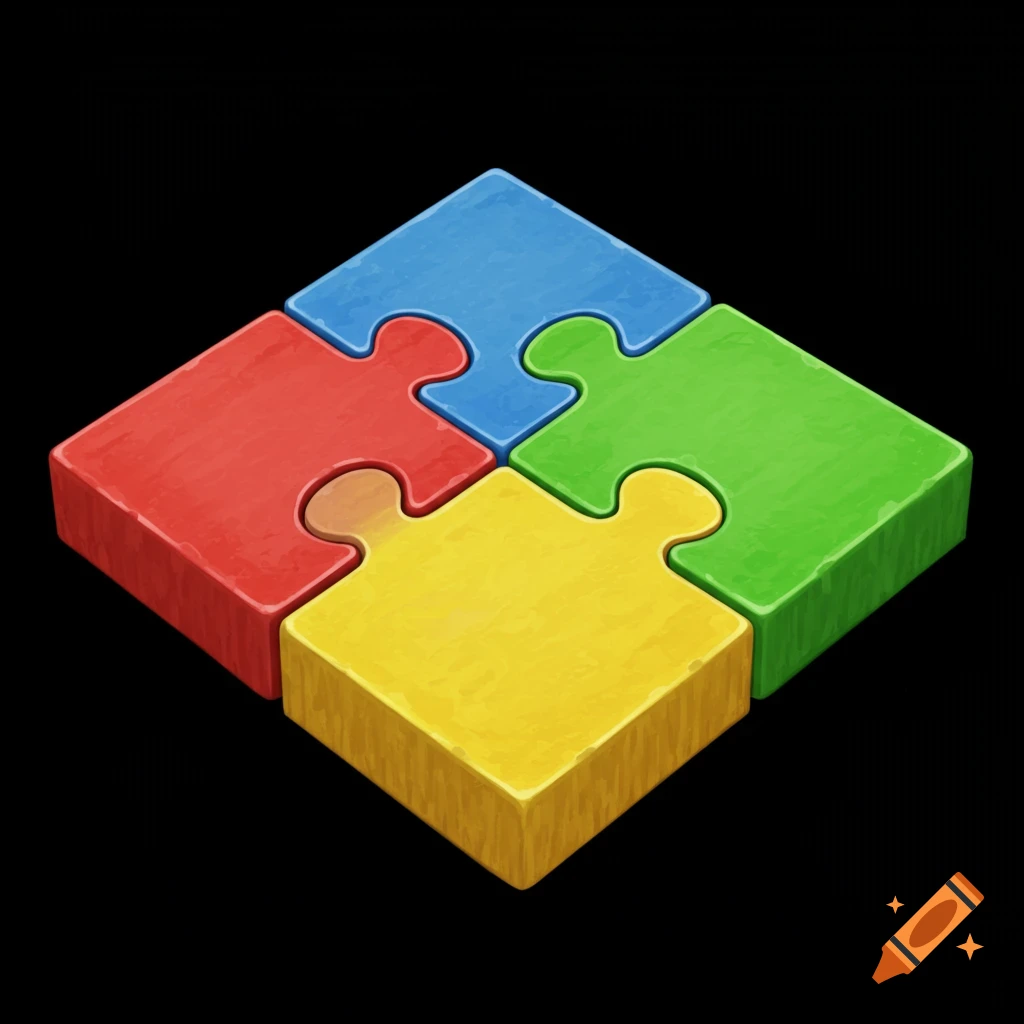 Four colorful puzzle pieces forming a square on a black background.