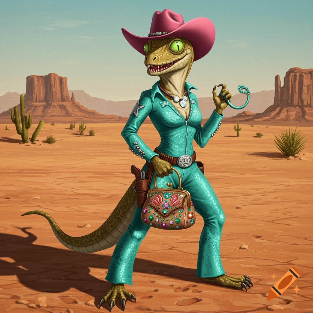 A bipedal lizard creature in a turquoise jumpsuit and pink cowboy hat stands in a desert, holding a handbag.