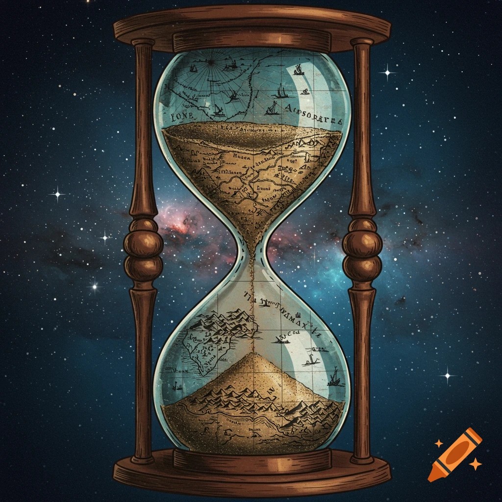 An hourglass containing a map with sand continents, against a starry space background.