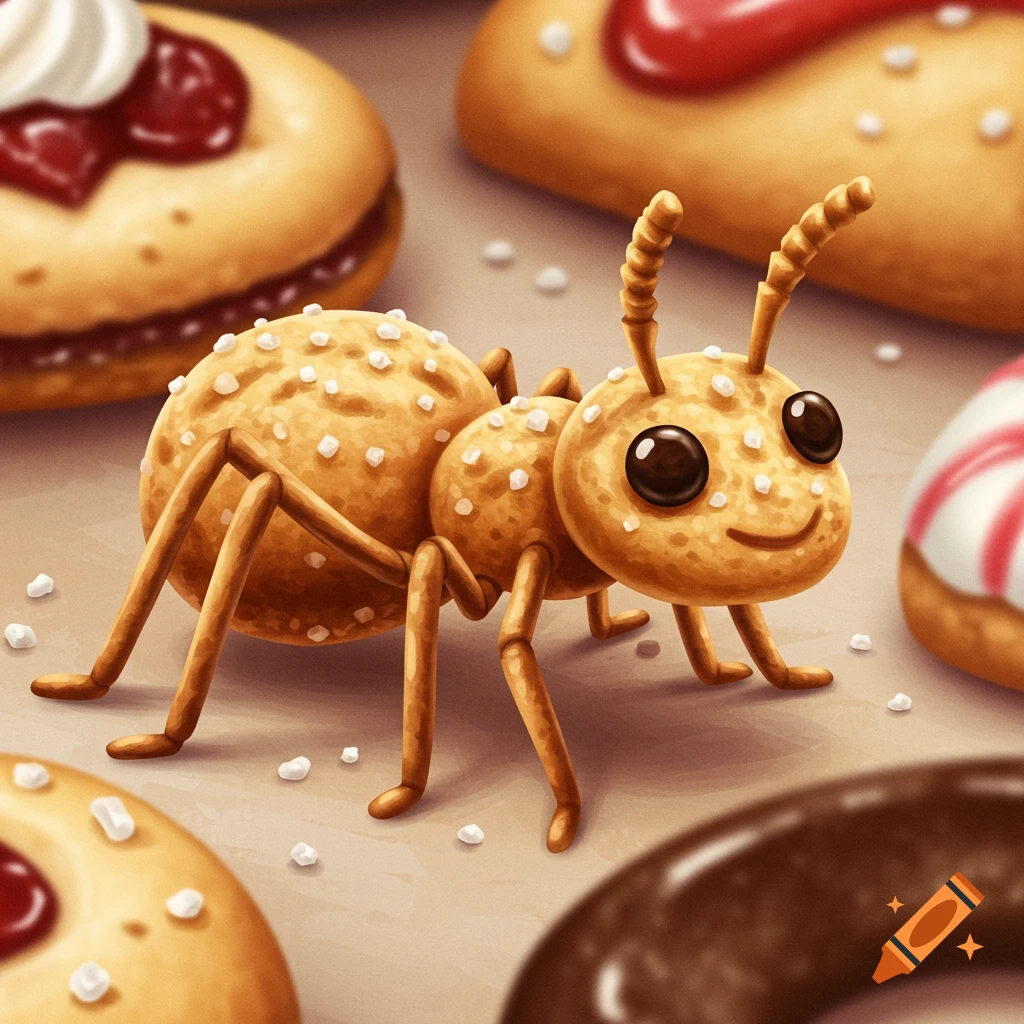 A cute illustration of a cookie ant surrounded by pastries.