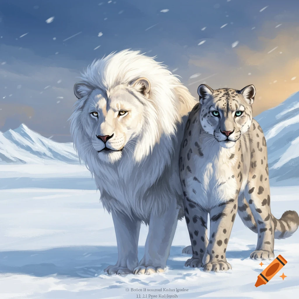 A white lion and a snow leopard stand side-by-side in a snowy landscape.
