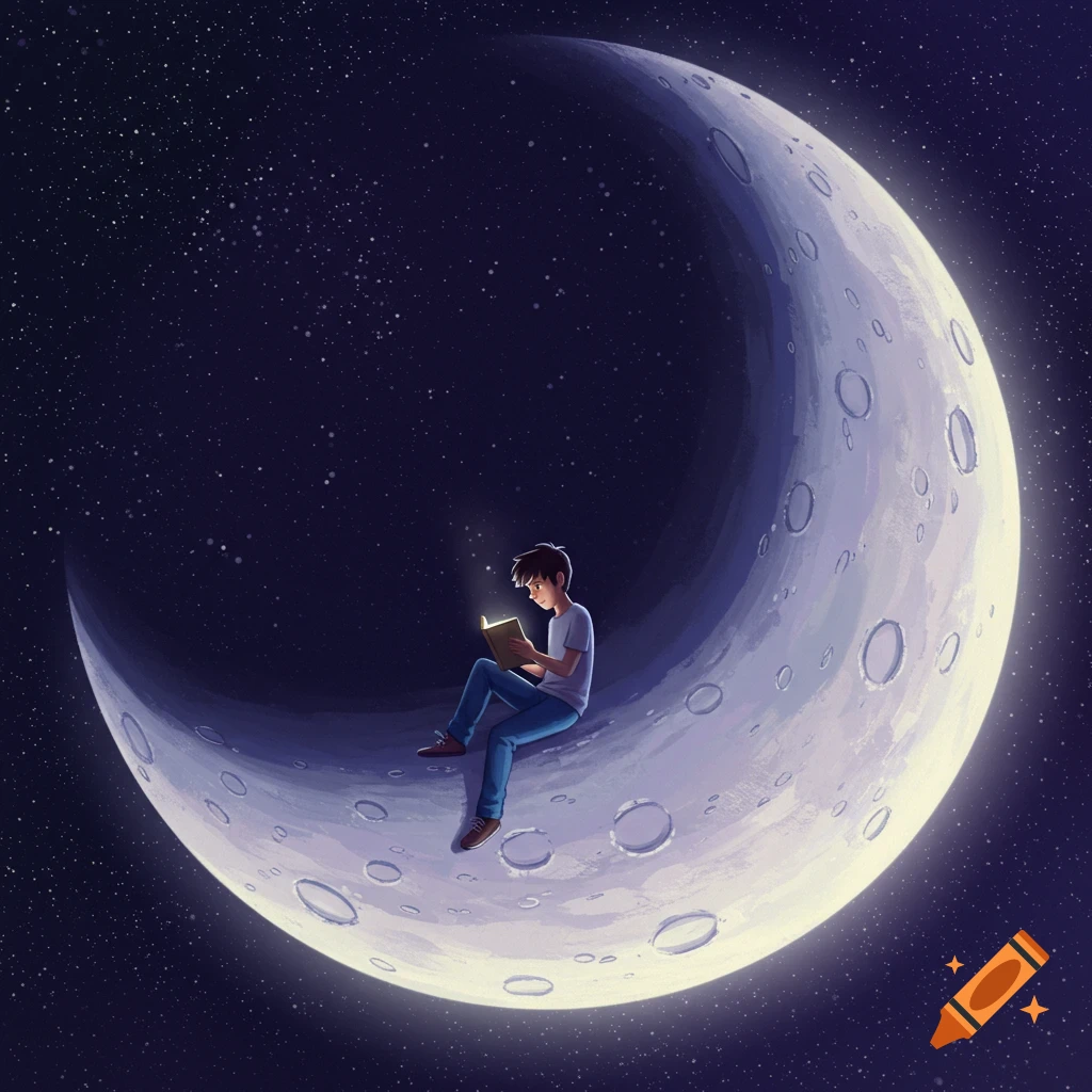 A boy sits on a crescent moon, reading a glowing book under a starry sky.