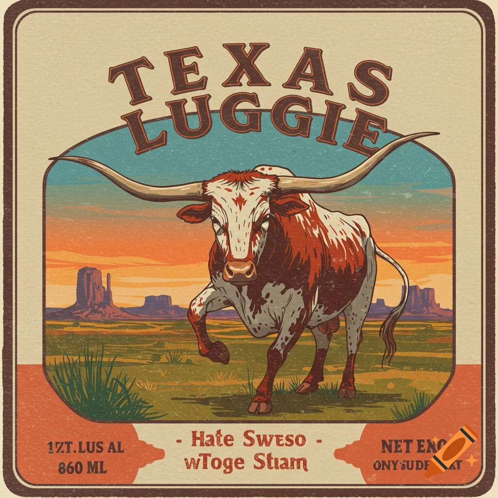 Vintage style label for Texas Luggie with a longhorn bull in a desert landscape.