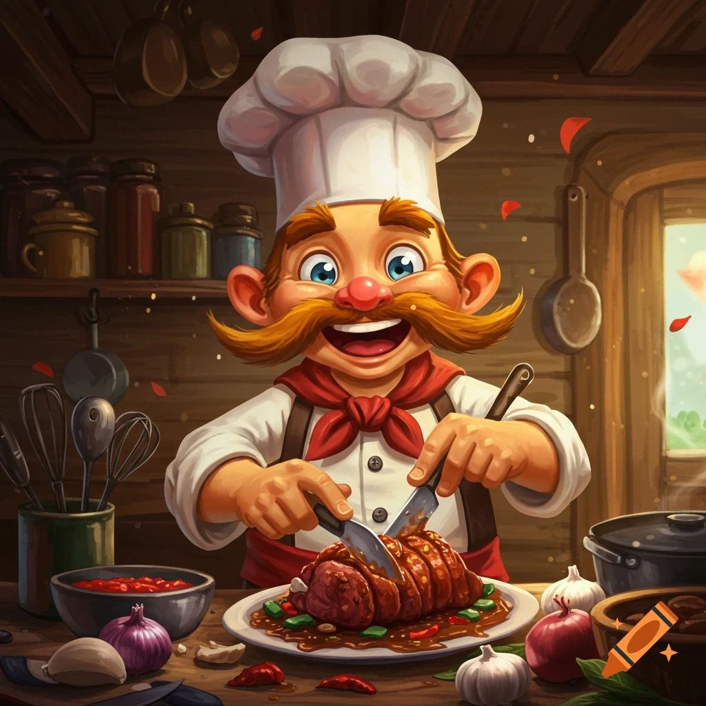 A cheerful cartoon chef in a tall white hat smiles as he cuts a large roast with two knives in a rustic kitchen.