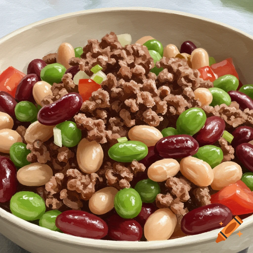 A bowl filled with a hearty ground meat and bean salad.