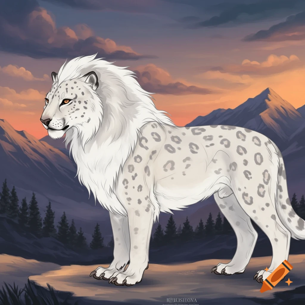 A lion-snow leopard hybrid in a mountain landscape at sunset.