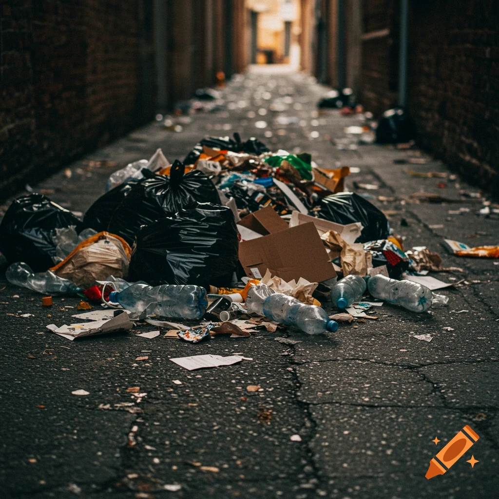 A large pile of garbage, including plastic bottles, bags, and cardboard, litters a dark urban alleyway.