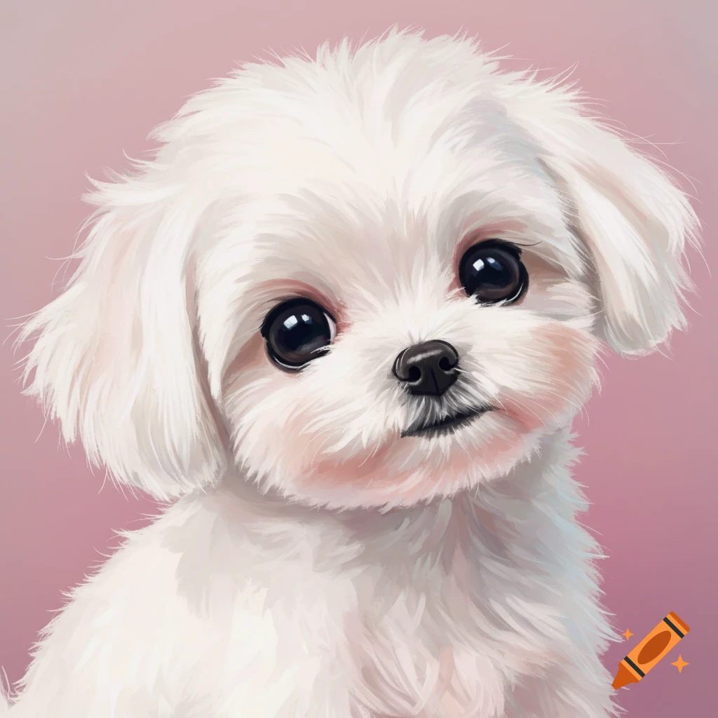 A close-up of a fluffy white Maltese puppy with large dark eyes against a pink background.