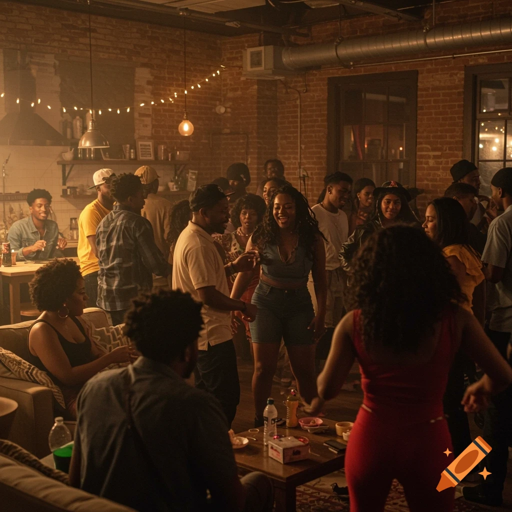 A lively house party scene with Black people dancing and socializing in a room with brick walls and string lights.