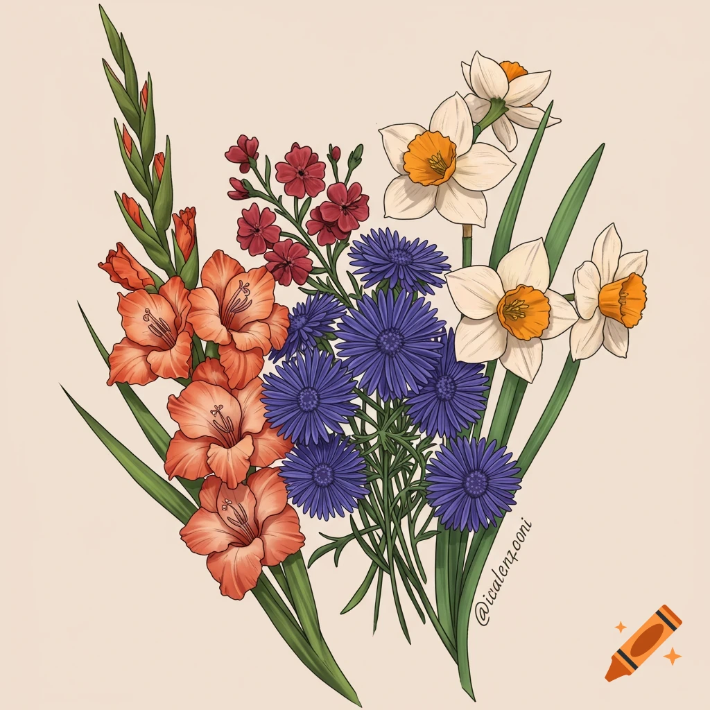 A flower bouquet with orange gladiolus, purple cornflowers, red flowers, and white daffodils.
