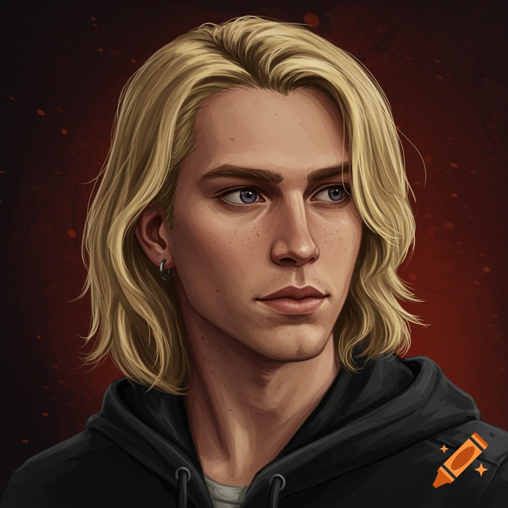Portrait of a young man with blonde hair, freckles, and blue eyes, wearing a black hoodie.