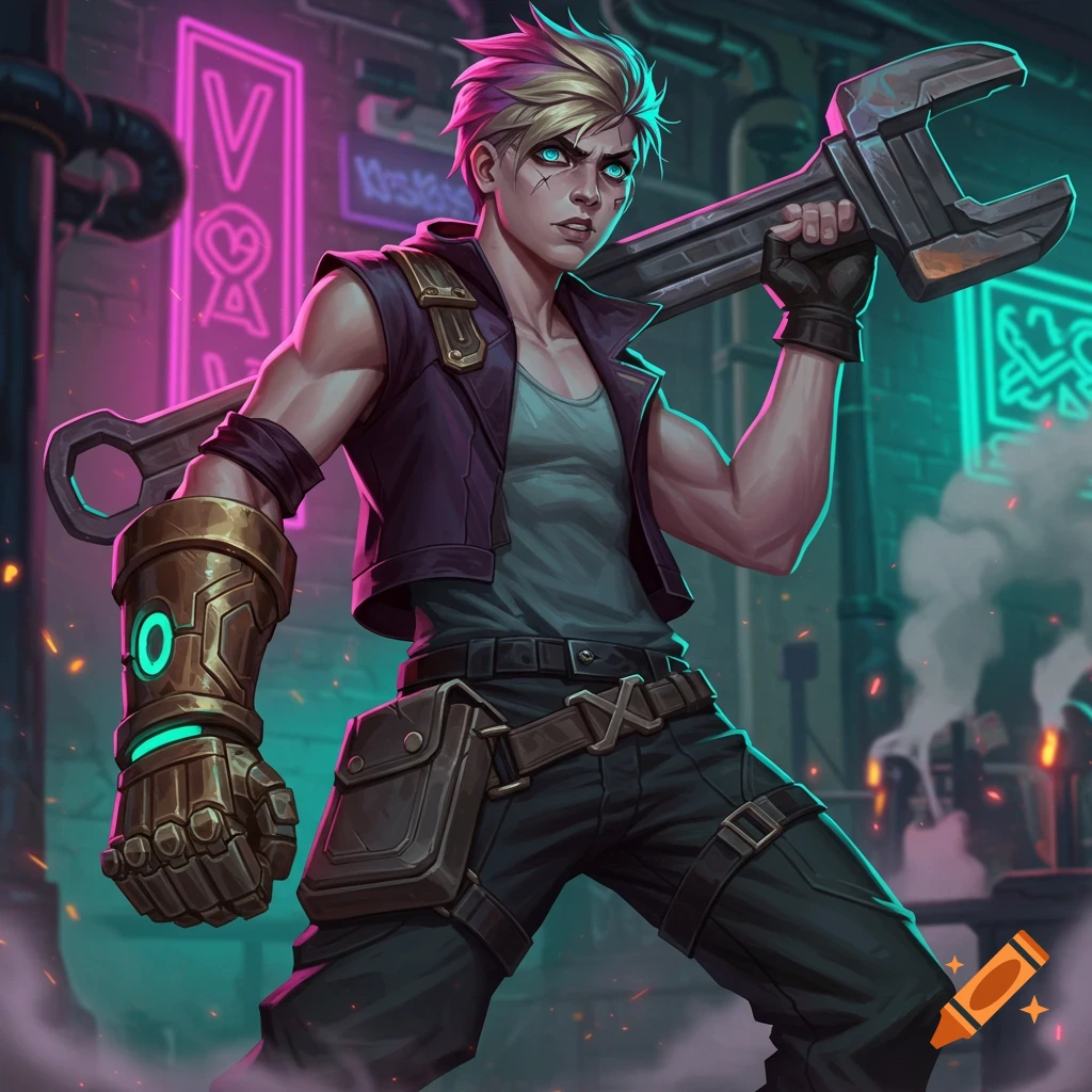 Painting of a woman resembling Vi from Arcane holding a large wrench in a neon-lit industrial setting.