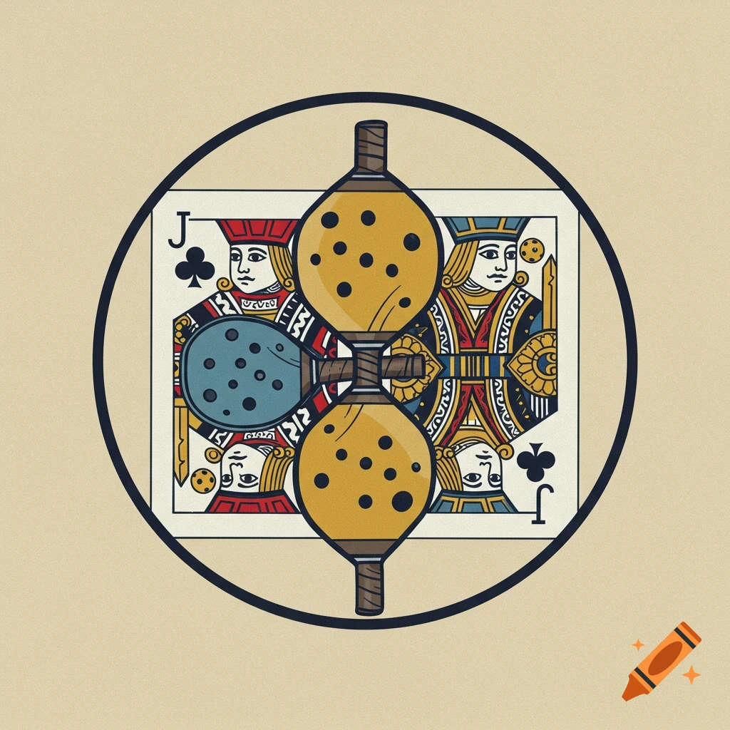 A circular logo design with a Jack of Clubs playing card face merged with pickleball paddles in an illustration style.