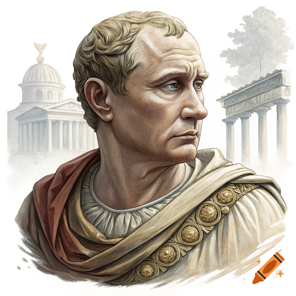 Classical style portrait bust of a man with Roman architecture in the background, painterly style