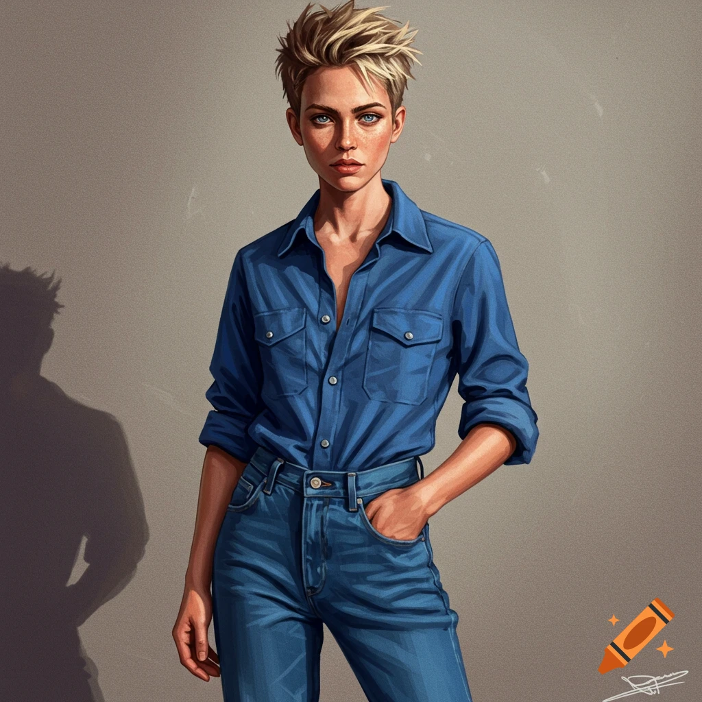 A woman with short blonde hair wears a blue button-down shirt and jeans.