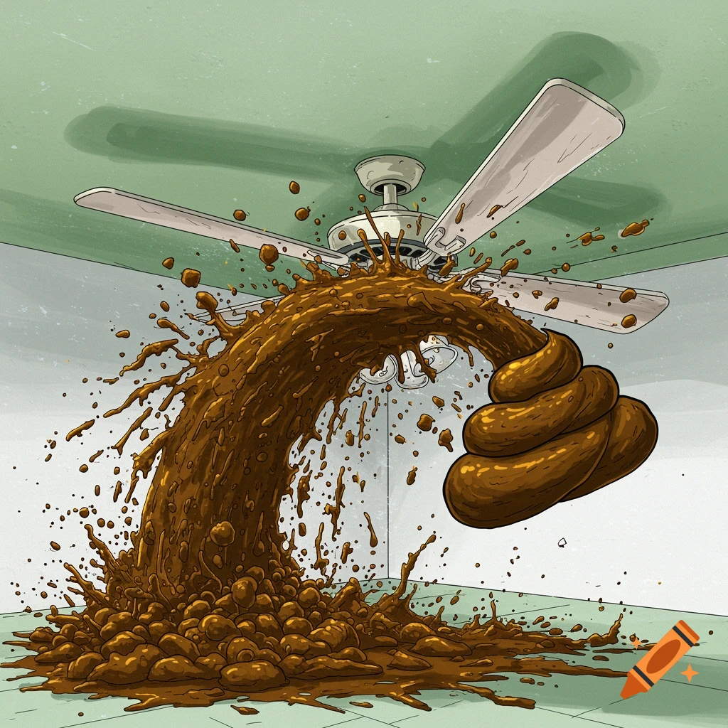 A large pile of feces is splattering violently against a ceiling fan in a room.