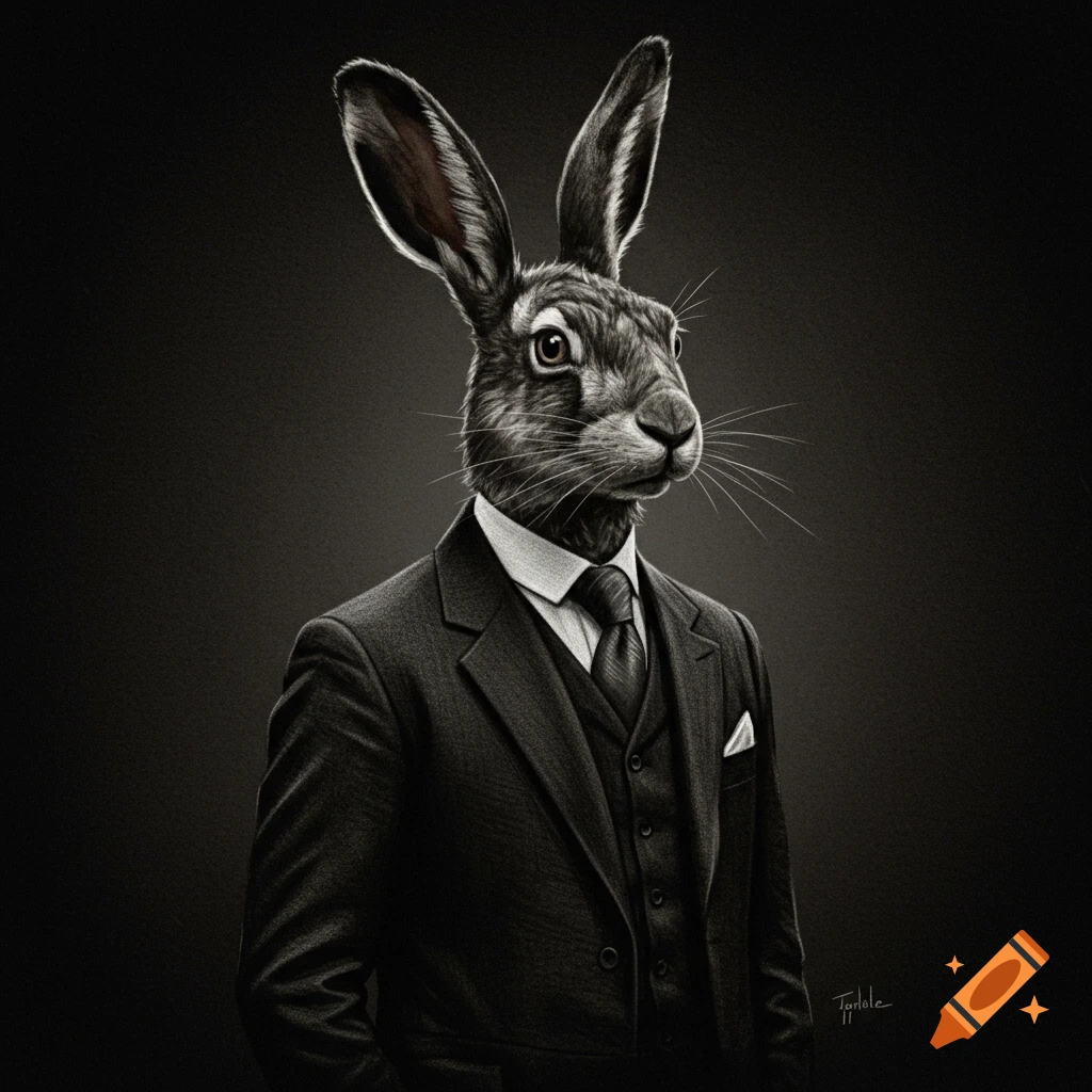 Charcoal portrait of a hare wearing a suit