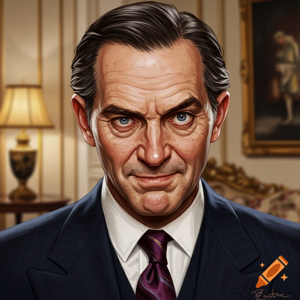 Portrait of a man in a pinstripe suit and patterned tie, looking directly at the viewer.