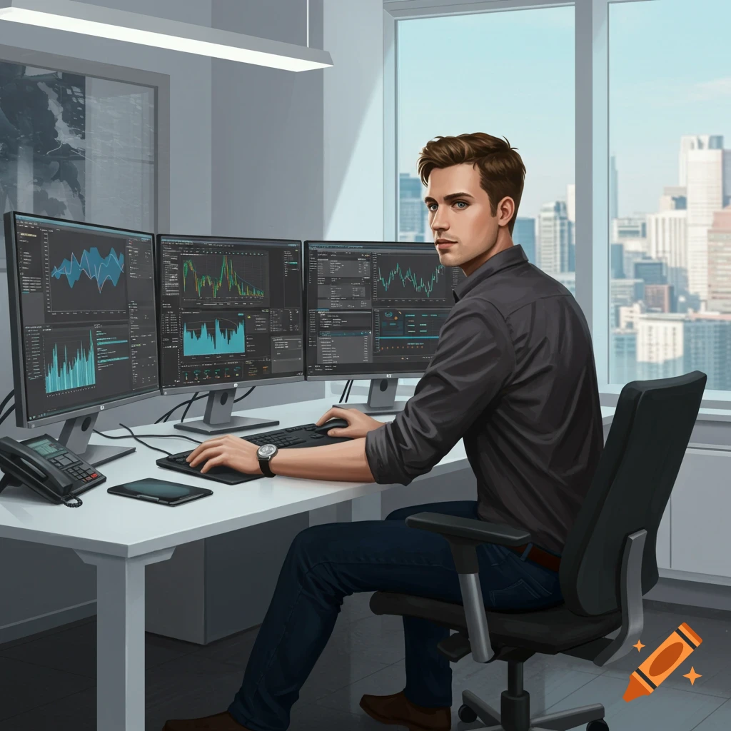 A man works at a desk with three computer monitors displaying data.