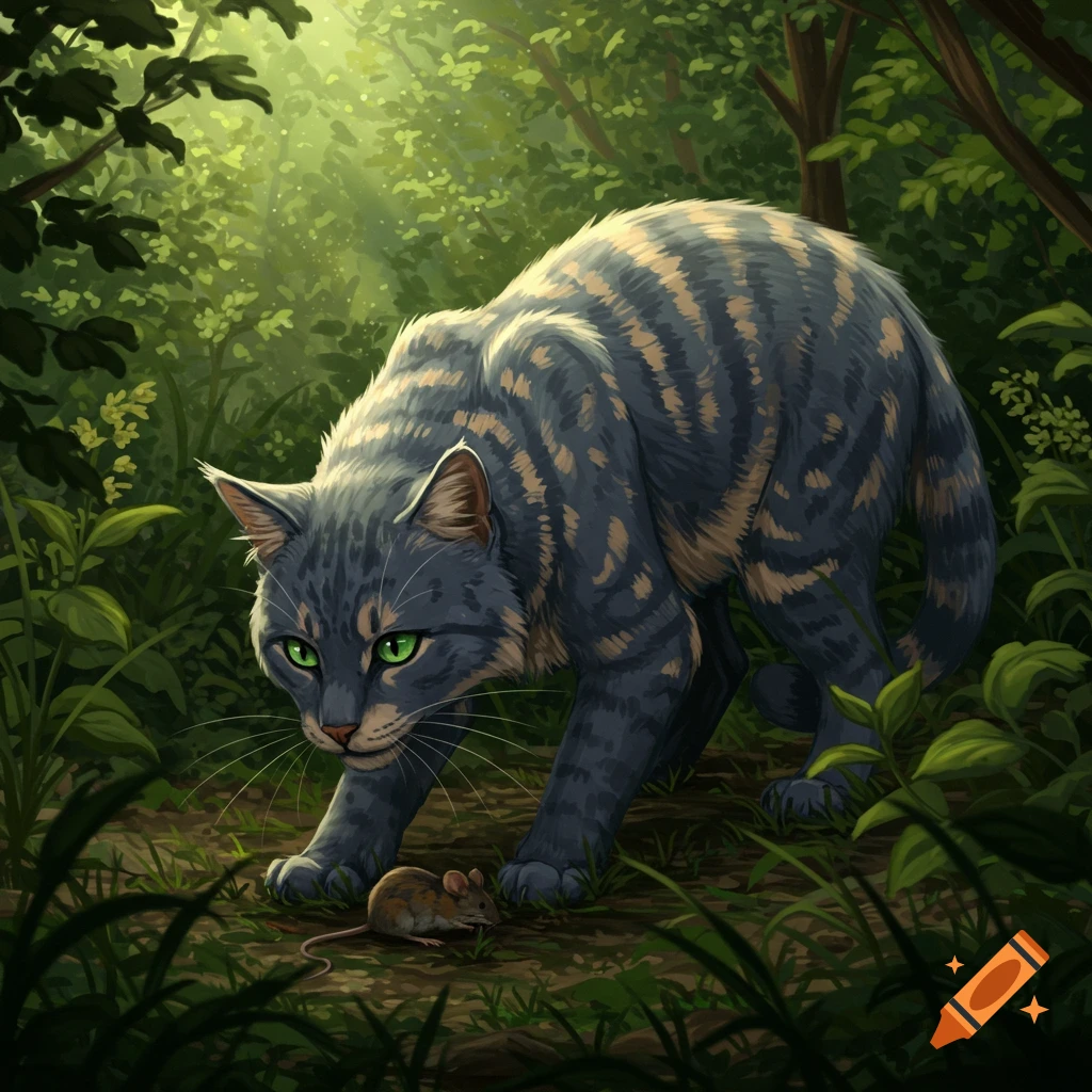 A gray and tan striped cat crouches, stalking a mouse in a sun-dappled forest.