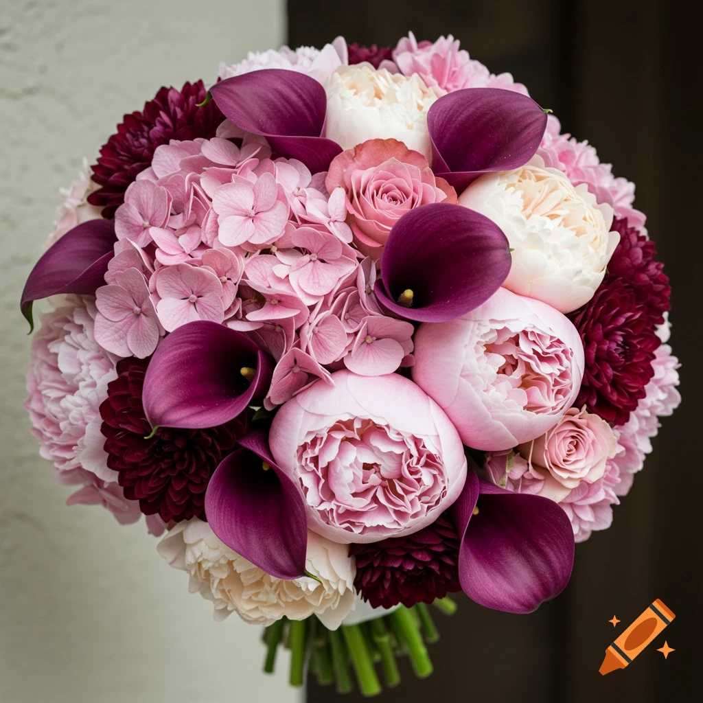 A floral bouquet with pink hydrangeas, peonies, cream flowers, burgundy dahlias, and purple calla lilies.