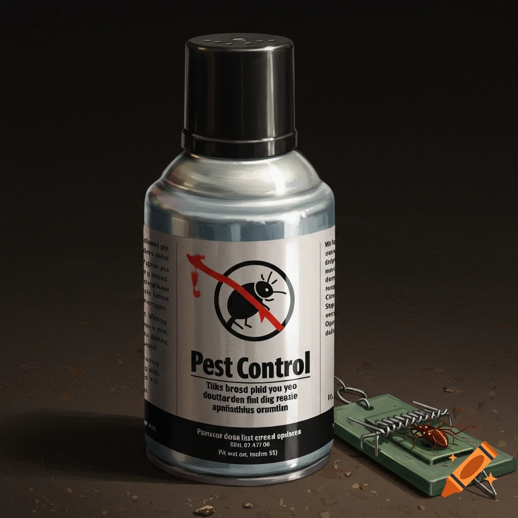 A pest control spray can sits next to a mouse trap with a bug.