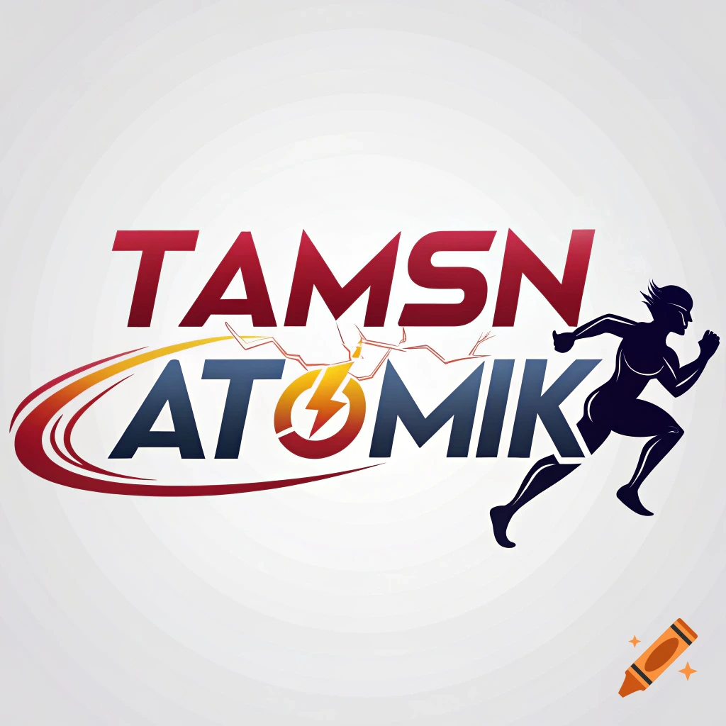 Logo for TAMSN ATOMIK featuring red and blue text, a lightning bolt, a running silhouette, and a dynamic swoosh.