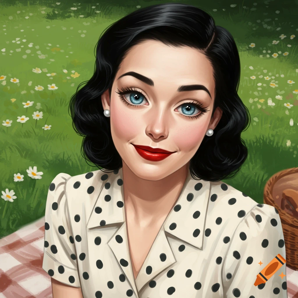 A portrait of a 1940s woman having a picnic in a field. Digital art.