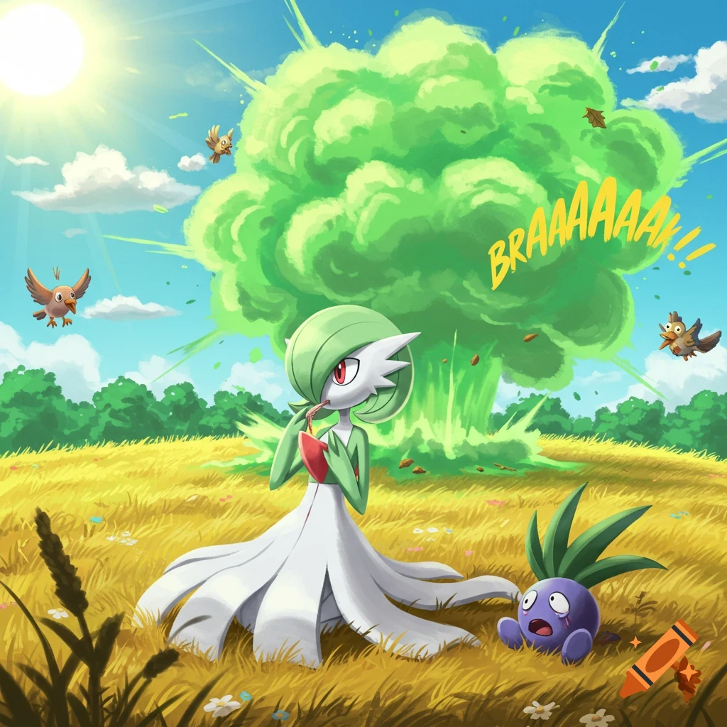 Gardevoir in a field with a green explosion behind her, text reads BRAAAAAAAP!!, a fainted Oddish beside her.