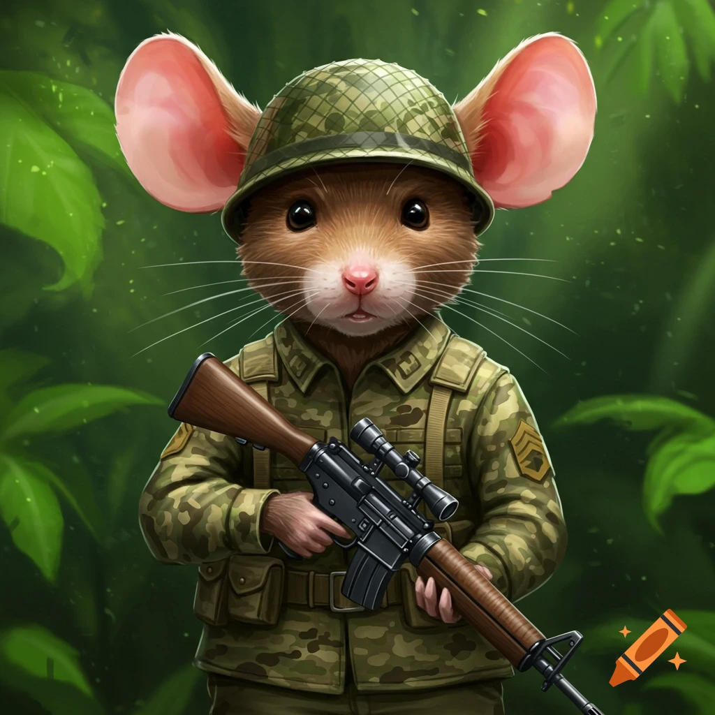 An image of a mouse in an army uniform and helmet, holding a rifle.