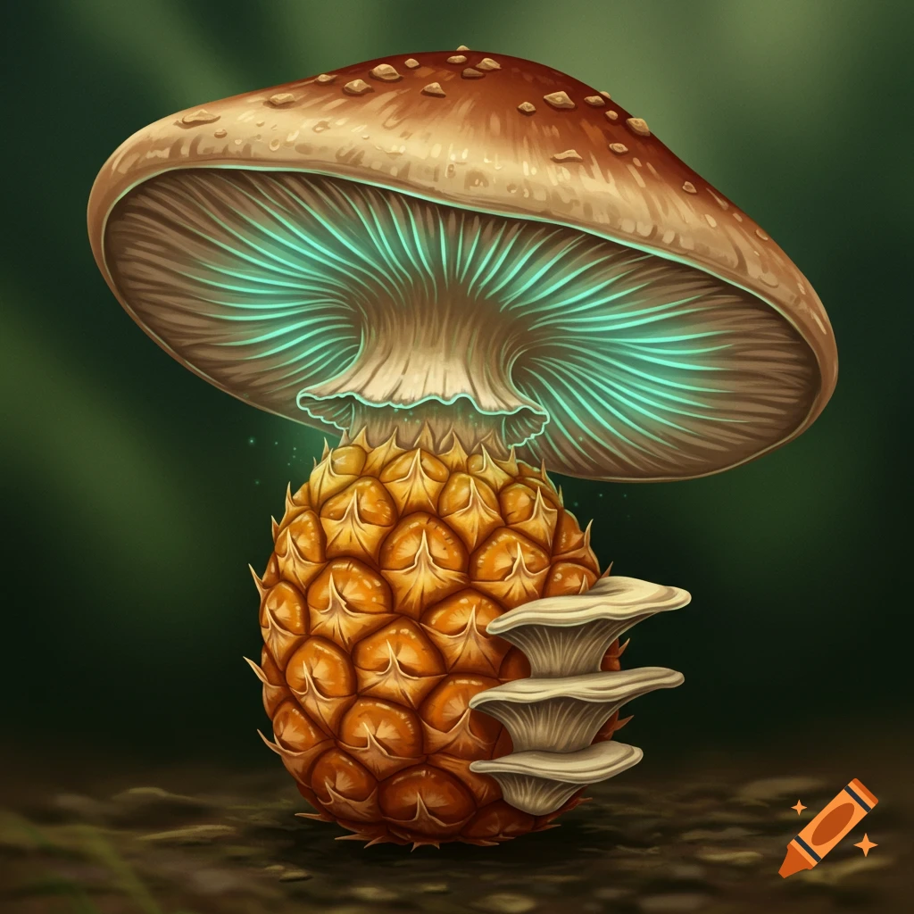 A creature with a pineapple body and a mushroom cap, glowing teal underneath.