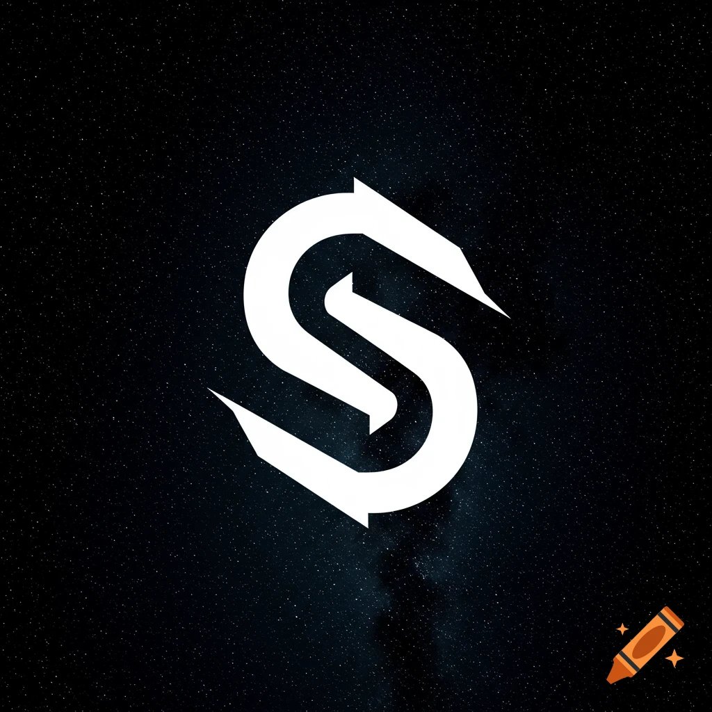 White stylized S logo with arrows on a dark starry background.