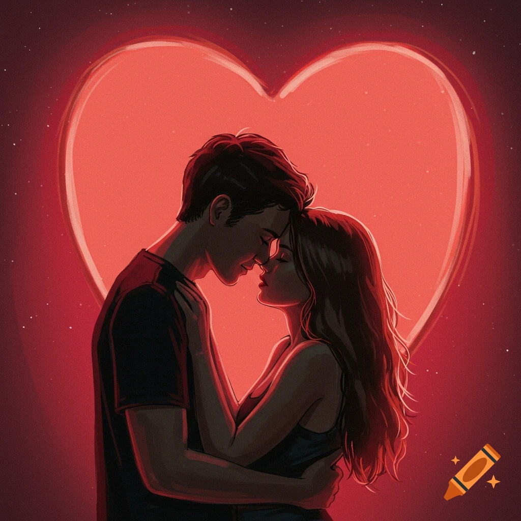 A couple embracing in front of a glowing red heart.