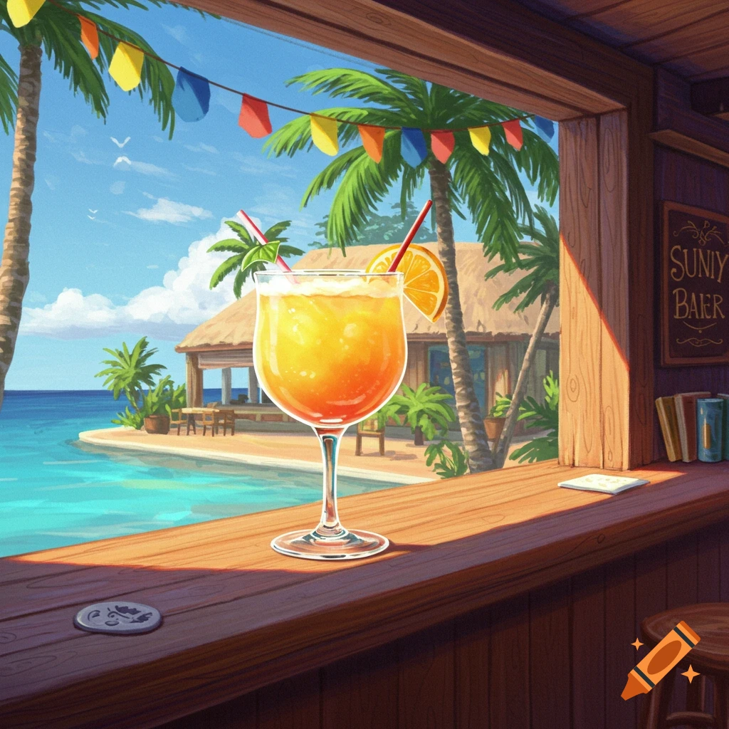 A cocktail on a bar counter overlooking a tropical beach and ocean.