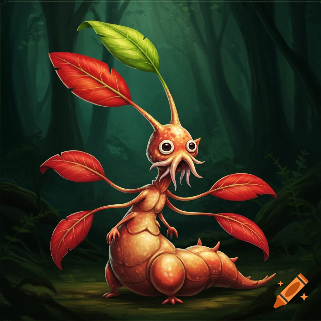 A cartoon-like orange creature with multiple leaf-like arms and antennae stands in a dark forest.