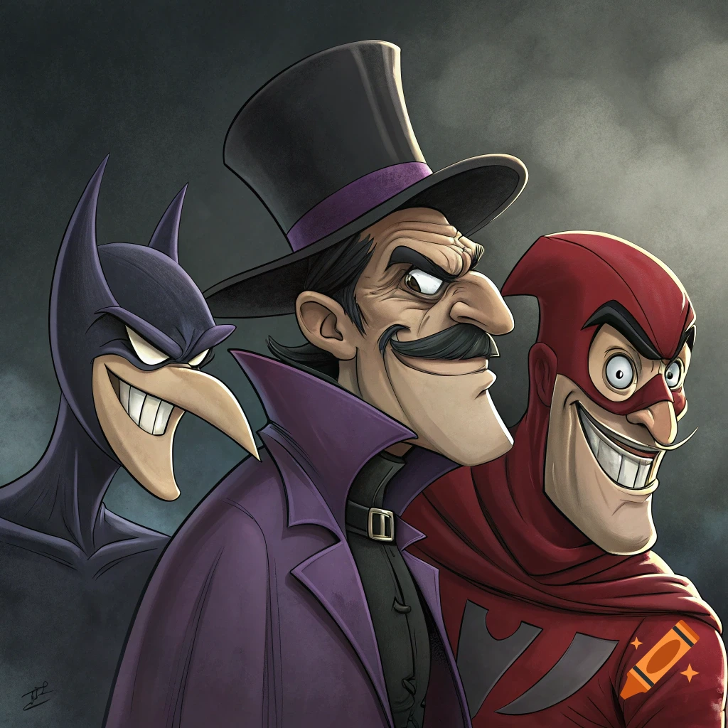 Cartoon illustration of villainous Snidely Whiplash, Dick Dastardly, and Dan Backslide.