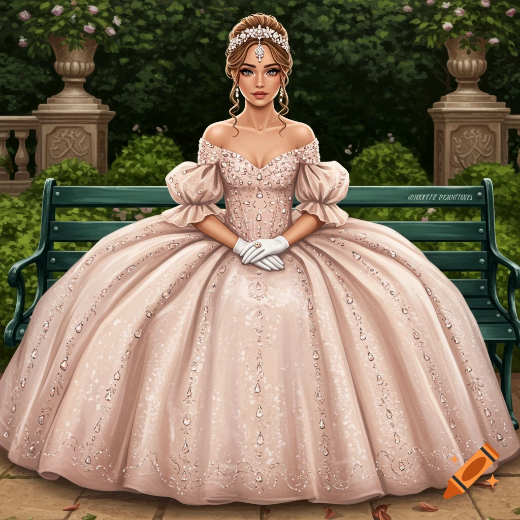 A young woman in a large pink ballgown sits on a green park bench in a garden.