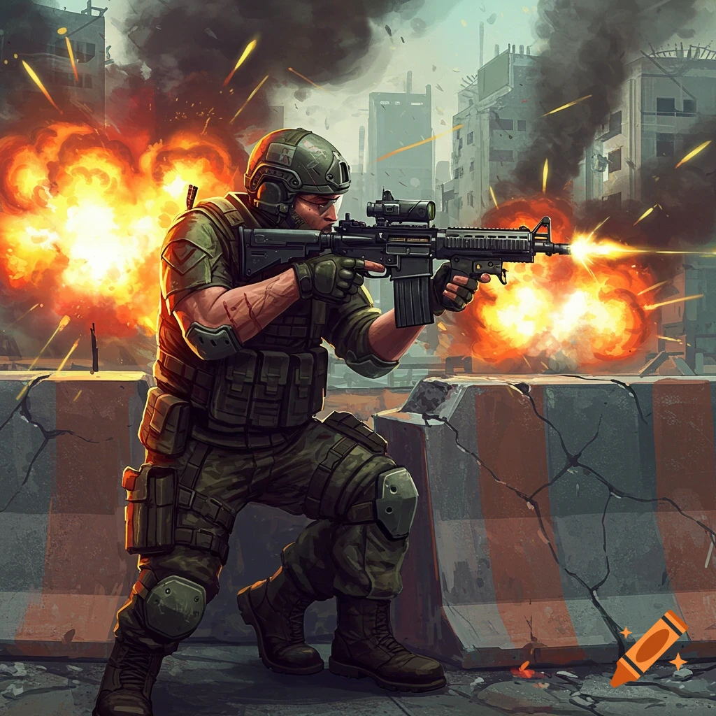 A soldier aims a rifle amidst explosions in a ruined city.