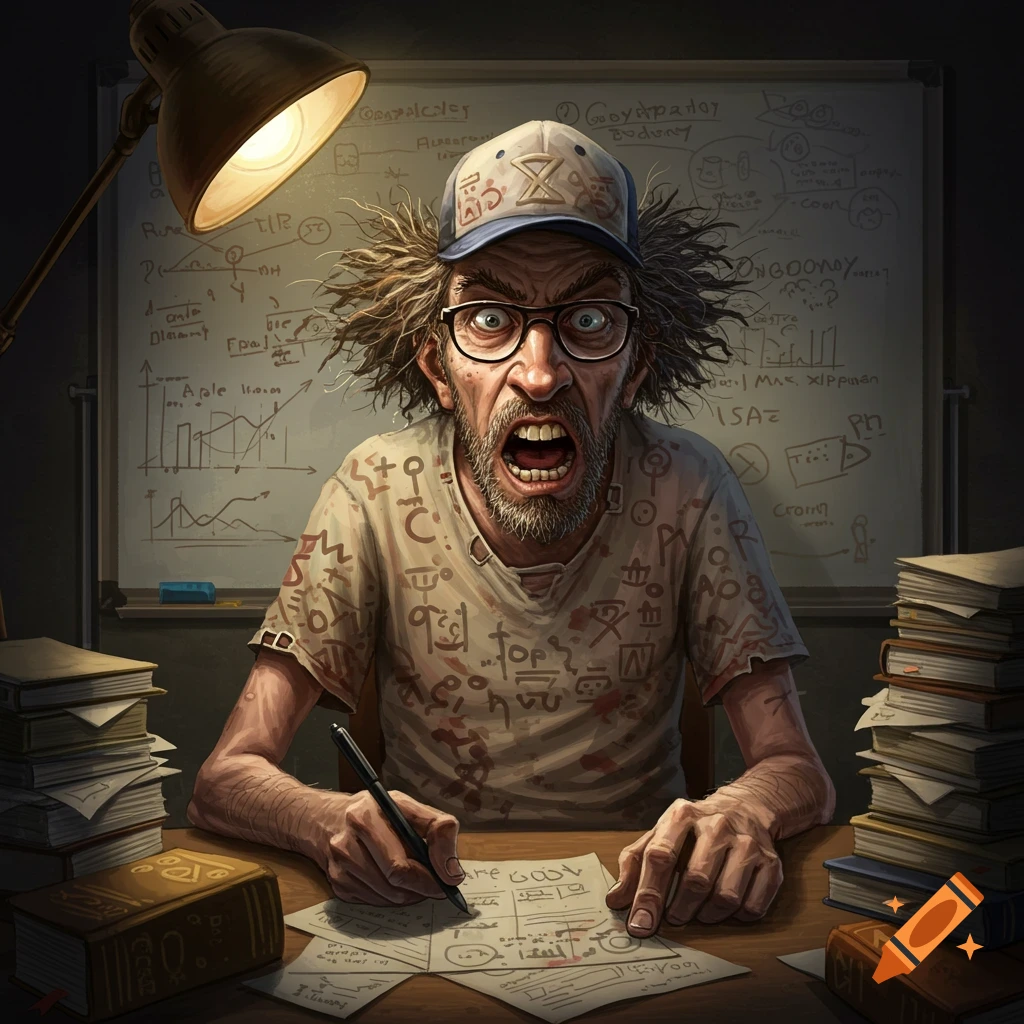 A frantic man with messy hair and glasses, surrounded by papers and a whiteboard covered in writing.