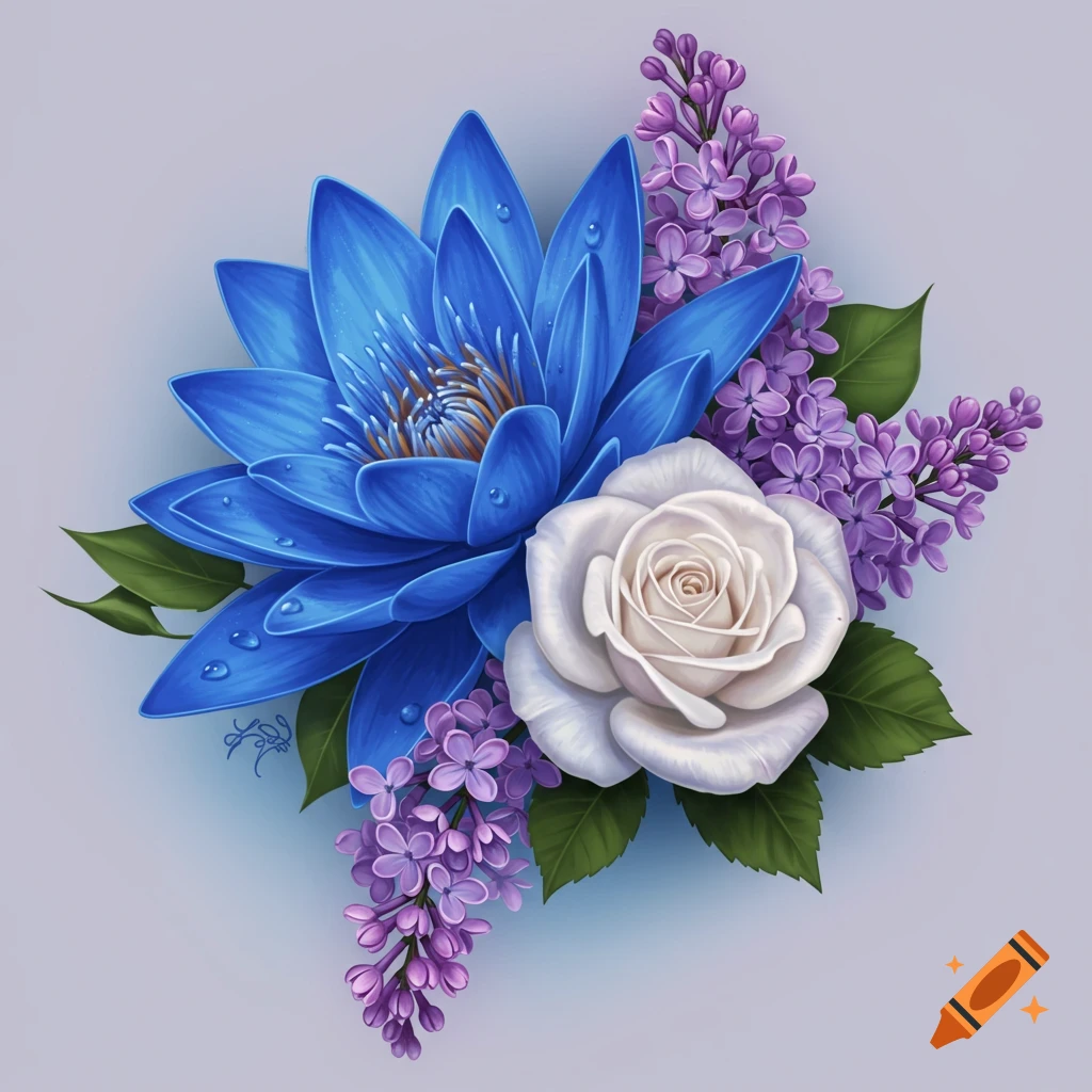 A blue water lily, white rose, and lilac flowers.