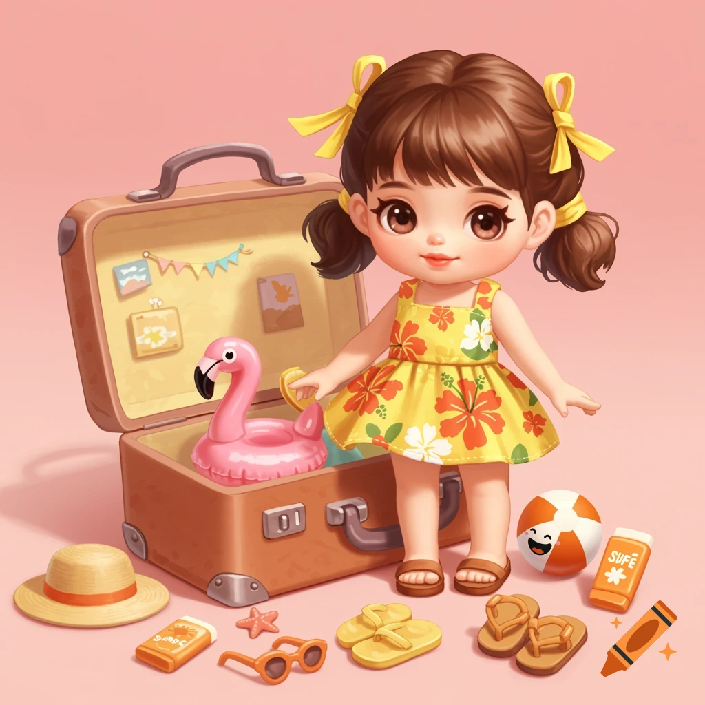 Cute doll in a yellow sundress with pigtails sits next to an open suitcase filled with tiny vacation accessories.