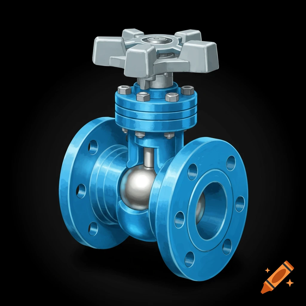 Blue flanged ball valve on a black background