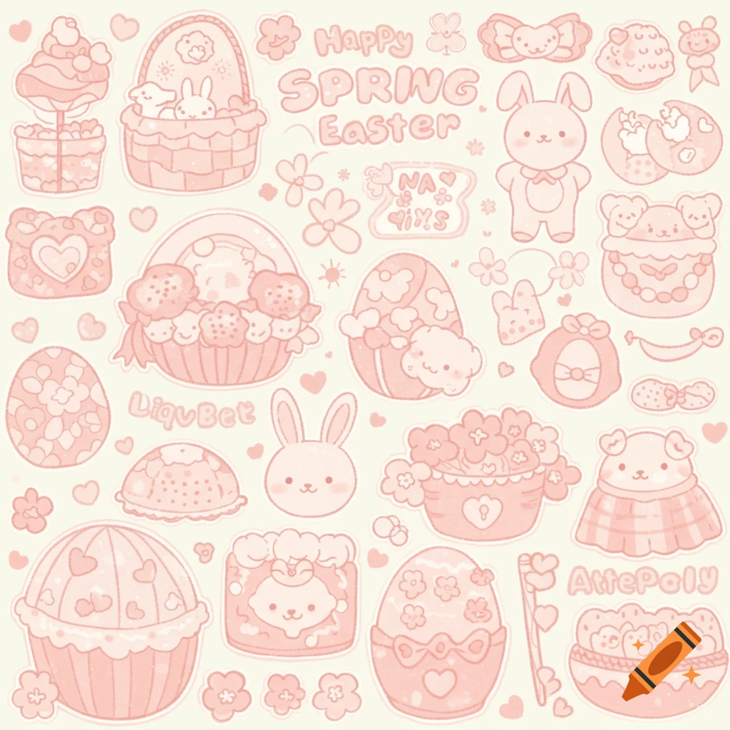 A sheet of cute pastel pink Easter stickers featuring bunnies, decorated eggs, flowers, and baskets on a light background.