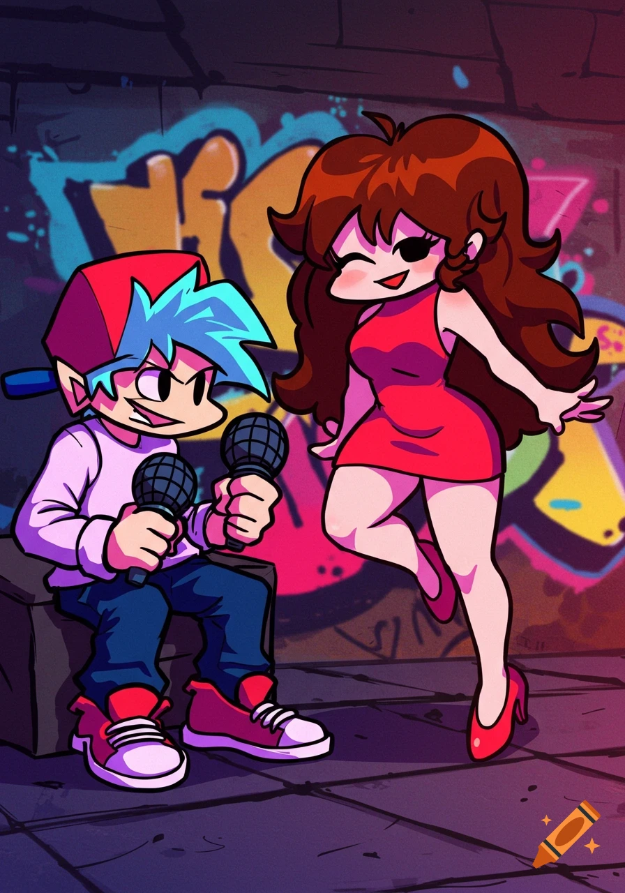 Cartoon characters Boyfriend and Girlfriend from Friday Night Funkin' rapping in front of a graffiti wall.