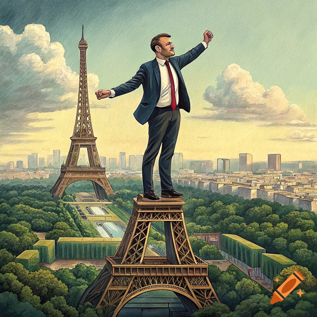 Illustration of a man in a suit standing triumphantly on the Eiffel Tower looking over Paris.