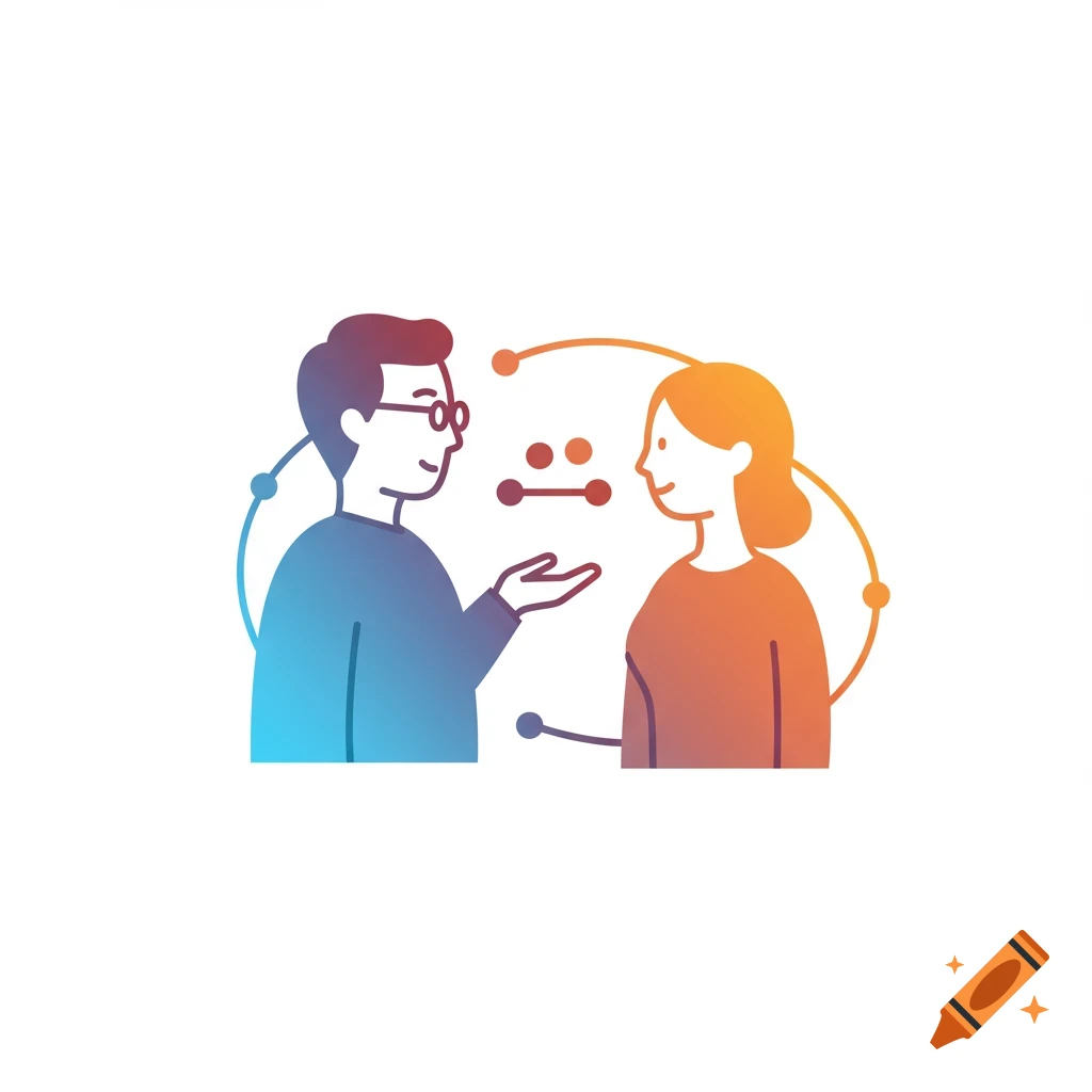 Stylized illustration of two people talking, with connecting dots and lines between them.
