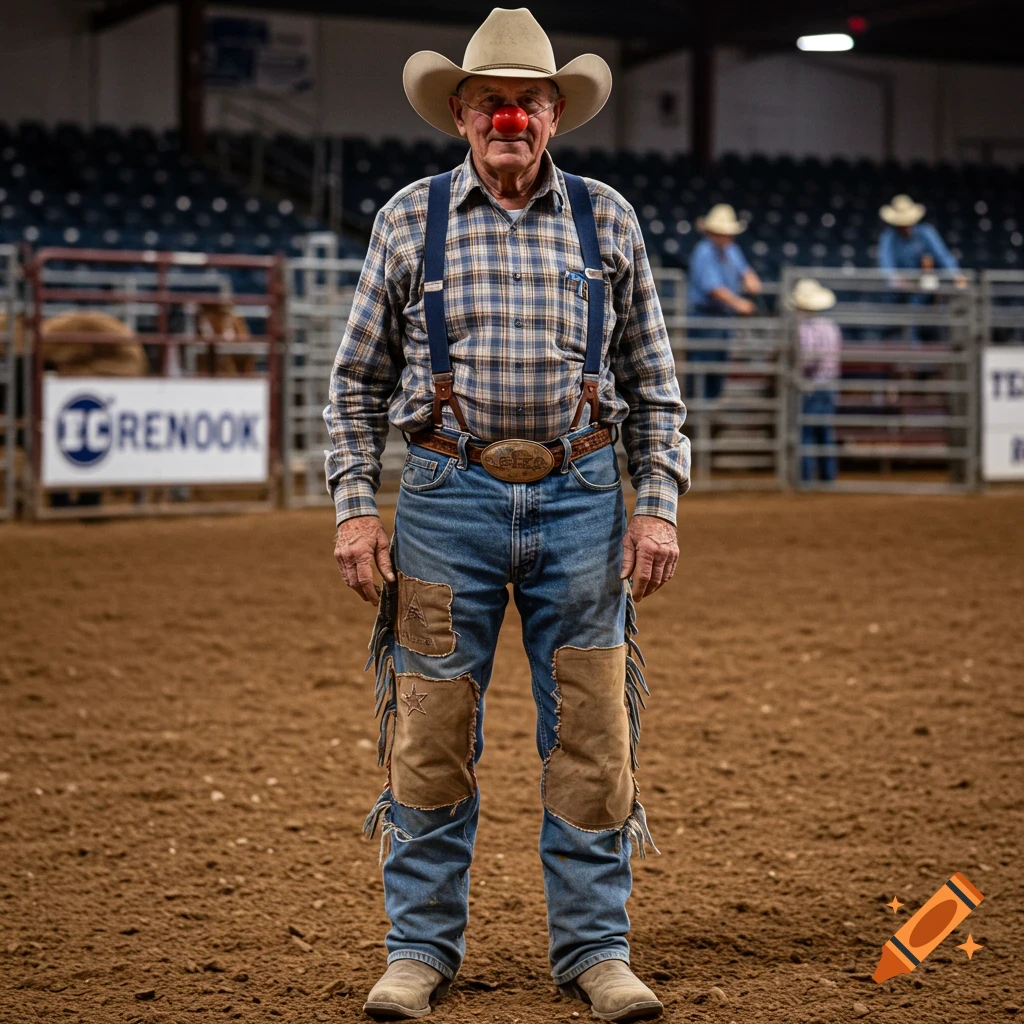 Elderly man in rodeo clown attire with a red nose, cowboy hat, suspenders, and patched jeans stands in a rodeo arena.
