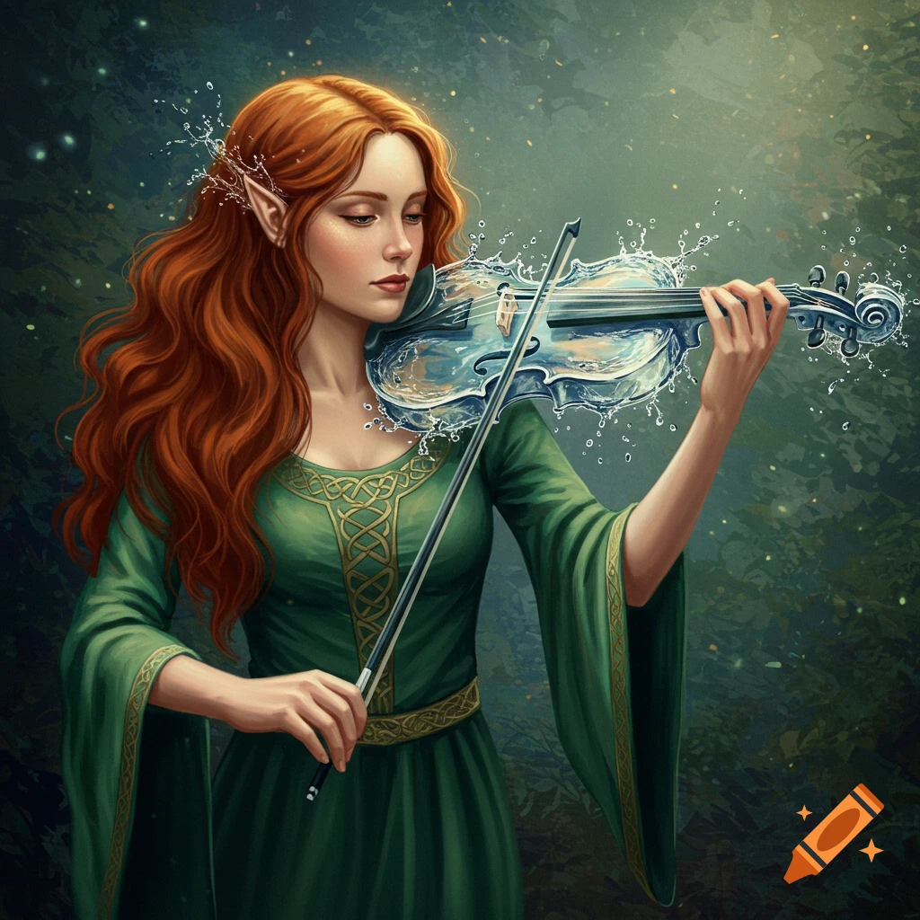 A Celtic maiden with red hair is playing a violin made of water in a forest.